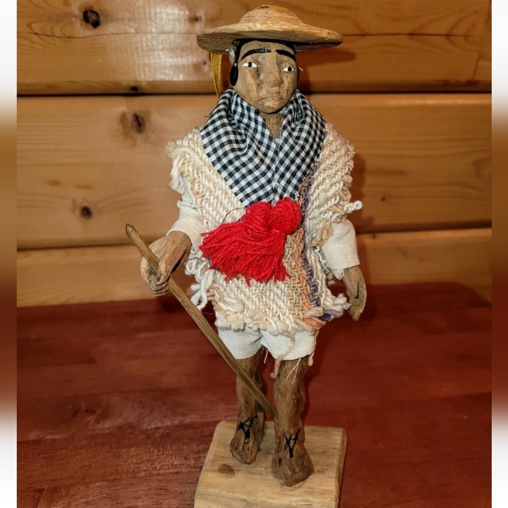 VTG Mexican or Native American Folk Art Doll Handmade Carved Wood, Walking Stick